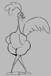  anthro avian bird crossed_legs cuculiform hi_res looking_at_viewer looney_tunes male monochrome narrowed_eyes new_world_ground_cuckoo road_runner_(looney_tunes) roadrunner simple_background smile smirk smokey_blokey solo standing thick_thighs tongue tongue_out warner_brothers 