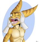  2021 anthro bodily_fluids clothed clothing disembodied_hand dripping drooling fangs finger_in_mouth gums head_turned hi_res jimfoxx lombax looking_annoyed male mammal mouth_play narrowed_eyes open_mouth ratchet ratchet_and_clank saliva saliva_drip saliva_on_tongue saliva_string solo sony_corporation sony_interactive_entertainment teeth topless topless_male video_games wide_eyed 