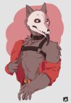  andr0ch anthro black_body black_fur black_tongue bone canid chest_tuft clothing collar fur harness hi_res looking_at_viewer male malo mammal muscular red_clothing scp-1471 scp-1471-a scp_foundation skull solo tongue tongue_out tuft undressing 