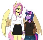  &lt;3 anthro anthrofied blush clothing equid equine fluttershy_(mlp) friendship_is_magic hair hand_holding hand_in_pocket hasbro hoodie horn mammal my_little_pony pegasus pink_hair pockets purple_hair redxbacon topwear twilight_sparkle_(mlp) unicorn wings 
