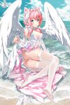  1girl absurdres angel_wings animal_ear_fluff animal_ears ass bird blue_eyes blush breasts cat_ears cloud detached_sleeves devil_heavens feather_hair_ornament feathered_wings feathers feet garter_straps hair_ornament highres indie_virtual_youtuber legs long_hair looking_at_viewer lying miniskirt no_shoes on_side open_mouth outdoors panties pink_hair pink_skirt sakurada_hane seagull shirt skirt sky soles solo thighhighs thighs twintails underwear virtual_youtuber water wet wet_clothes white_legwear white_panties white_shirt white_sleeves wings 