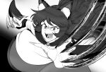  1girl angry animal_ear_fluff animal_ears bangs brooch dress eyelashes fangs fingernails giantcavemushroom greyscale highres imaizumi_kagerou jewelry long_dress long_fingernails long_hair long_sleeves monochrome open_mouth sharp_teeth solo teeth tongue touhou wide_sleeves wolf_ears 