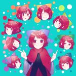  1girl bangs black_shirt blue_bow bow cape cloak closed_eyes crying crying_with_eyes_open disembodied_head floating_head green_bow grin hair_bow highres long_sleeves looking_at_viewer multiple_heads open_mouth orange_bow pink_bow pointing rainbow_order red_cloak red_eyes red_hair red_skirt sekibanki shirt short_hair skirt smile tears tongue tongue_out toraneko_2 touhou yellow_bow 