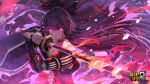  1girl armor bangs benghuai_xueyuan bow closed_mouth flaming_sword flaming_weapon glowing glowing_eyes hair_bow highres holding holding_sword holding_weapon honkai_(series) honkai_impact_3rd japanese_armor katana long_hair looking_at_viewer official_art ponytail purple_eyes purple_hair raiden_mei solo sword weapon 