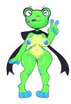  absurd_res amphibian anthro areola bandage big_breasts blue_nipples breasts eyes_closed female freckles frog genitals gesture hi_res markings multicolored_body navel neckwear nipples nude pussy simple_background solo somescrub thick_thighs tongue tongue_out v_sign wide_hips 