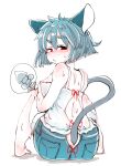  absurd_res animal_humanoid blush bodily_fluids bottomwear breasts butt clothed clothing cutoffs denim denim_clothing female grey_hair hair hand_fan hi_res holding_object humanoid looking_back mammal mammal_humanoid mouse_humanoid murid murid_humanoid murine murine_humanoid nazrin rear_view red_eyes rodent rodent_humanoid sabitare short_hair shorts sitting solo sweat touhou video_games 