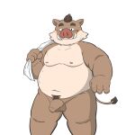  2022 anthro balls belly blush brown_body brown_fur fur genitals hi_res kensuke_shibagaki_(odd_taxi) male mammal navel nipples odd_taxi overweight penis simple_background solo suid suina sus_(pig) thepanda0309 towel white_background wild_boar 