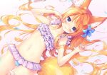  1girl animal_ear_fluff animal_ears bangs bikini blue_eyes blush collarbone cowboy_shot daefny eyebrows_visible_through_hair flat_chest flower fox_ears fox_girl fox_tail frilled_bikini frills hair_flower hair_ornament hands_up long_hair lying navel on_back orange_hair purple_background purple_bikini signature simple_background smile solo swimsuit tail thigh_gap very_long_hair 