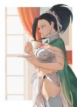  0pkzi651loxh4vz 1girl absurdres armor armored_boots black_hair blue_eyes boku_no_hero_academia boots breasts cape cup drinking hair_ornament highres large_breasts legs midriff navel profile solo sunlight teacup window yaoyorozu_momo 