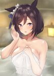  1girl :d bangs bare_arms bare_shoulders black_hair blue_eyes blurry blurry_background blush breasts collarbone depth_of_field eishin_flash_(umamusume) eyebrows_visible_through_hair hair_between_eyes hands_up highres looking_at_viewer medium_breasts naked_towel nyakonro_(nekonro) partially_submerged smile solo towel umamusume upper_body water 