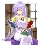  1girl bare_shoulders book cape circlet closed_mouth detached_sleeves dress eyebrows_visible_through_hair fire_emblem fire_emblem:_genealogy_of_the_holy_war hair_between_eyes julia_(fire_emblem) long_hair looking_at_viewer purple_eyes purple_hair sitting smile solo twitter_username wide_sleeves window yukia_(firstaid0) 