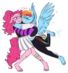  &lt;3 anthro anthrofied blue_eyes blush clothing earth_pony embrace equid equine friendship_is_magic hair hi_res hooves horse hug mammal multicolored_hair my_little_pony pegasus pinkie_pie_(mlp) pony rainbow_dash_(mlp) rainbow_hair redxbacon simple_background white_background wings 