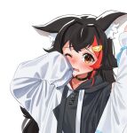  1girl animal_ear_fluff animal_ears bangs black_choker black_hair blush brown_eyes choker commentary_request daichi_(daichi_catcat) drawstring hair_ornament hairclip highres hololive hood hood_down long_hair long_sleeves looking_at_viewer multicolored_hair one_eye_closed ookami_mio open_mouth red_hair simple_background sleeves_past_fingers sleeves_past_wrists solo streaked_hair two-tone_hoodie upper_body virtual_youtuber white_background wolf_ears 
