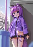  1girl animal_ear_fluff animal_ears character_request commentary_request copyright_request exhibitionism eyebrows_visible_through_hair hair_ornament highres long_hair public_indecency purple_eyes purple_hair smile standing tagme tail ymnhsi 