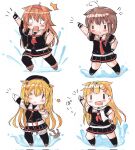  &gt;_o 4girls ahoge anchor asymmetrical_clothes bangs black_gloves black_legwear black_serafuku black_skirt blonde_hair blush blush_stickers braid brown_hair chibi cosplay fingerless_gloves flying_sweatdrops gloves hair_flaps hair_ornament hair_ribbon hairclip highres kantai_collection kneehighs long_hair multiple_girls murasame_(kancolle) murasame_(kancolle)_(cosplay) neckerchief one_eye_closed open_mouth pleated_skirt poipoi_purin red_neckerchief ribbon sailor_collar saturday_night_fever scarf school_uniform serafuku shigure_(kancolle) shigure_kai_ni_(kancolle) shiratsuyu_(kancolle) shiratsuyu_kai_ni_(kancolle) short_sleeves simple_background single_braid single_leg_pantyhose single_thighhigh skirt smile star_(symbol) thighhighs water white_background white_gloves white_sailor_collar white_scarf yuudachi_(kancolle) yuudachi_kai_ni_(kancolle) 