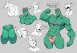  absurd_res anthro armpit_hair arts_of_indiego body_hair bulge butt clothed clothing demon facial_hair flexing goatee green_body green_skin hair hi_res male muscular muscular_anthro muscular_male nipple_piercing nipples open_mouth pecs piercing pubes red_hair sketch solo taz_(arts_of_indiego) thong topless underwear 