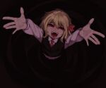  1girl ascot blonde_hair darkness dress fangs hair_ribbon long_sleeves looking_at_viewer open_mouth outstretched_arms red_eyes red_nails red_neckwear ribbon rumia shamo_(koumakantv) shirt short_hair solo tongue touhou vest 