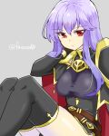  1girl aura bare_shoulders breasts corruption crystal dark_persona diamond_(shape) elbow_gloves evil fire_emblem fire_emblem:_genealogy_of_the_holy_war gloves glowing grey_background half-holding julia_(fire_emblem) lipstick looking_at_viewer loptous_(fire_emblem) makeup ponytail possessed purple_eyes red_eyes simple_background slit_pupils smile solo thighhighs thighs twitter_username weapon white_background yukia_(firstaid0) 