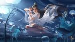  1girl black_hair bubble china_dress chinese_clothes dress fish hair_ornament highres long_hair lu_xueqi_(zhu_xian) ripples sitting sword tun_chou underwater weapon weeds weibo_id white_dress zhu_xian 