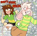  anthro askassriel asriel_dreemurr blush bovid canid canine caprine chara_(undertale) clothed clothing felid feline fur goat hair human mammal running scratches sharp_teeth teeth tem temmie_(undertale) text topwear undertale undertale_(series) video_games white_body white_fur 