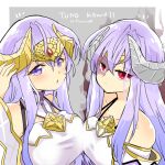  2girls aura bare_shoulders blue_eyes blue_hair breast_press breasts corruption dark_persona demon_horns dual_persona evil fire_emblem fire_emblem:_genealogy_of_the_holy_war half-siblings heterochromia horns julia_(fire_emblem) lipstick looking_at_viewer loptous_(fire_emblem) makeup multiple_girls poking ponytail possessed purple_eyes red_eyes slit_pupils symmetrical_docking thighs twitter_username weapon white_background yukia_(firstaid0) 