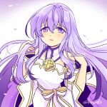  1girl alternate_costume arms_up bare_shoulders blush book cape circlet colored_eyelashes detached_sleeves dress eyebrows_visible_through_hair fire_emblem fire_emblem_heroes hair_between_eyes hand_in_hair julia_(fire_emblem) long_hair looking_at_viewer open_mouth purple_eyes purple_hair smile solo twitter_username upper_body white_dress yukia_(firstaid0) 
