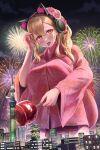 1girl absurdres azur_lane blonde_hair building candy_apple cat_ear_headphones city concord_(azur_lane) concord_(red_apple_candy)_(azur_lane) fireworks flower food giant giantess hair_flower hair_ornament headphones highres holding holding_food japanese_clothes kimono long_hair looking_at_viewer night night_sky numaguro_(tomokun0808) official_alternate_costume open_mouth pink_kimono print_kimono red_eyes sky solo squatting star_(symbol) star_in_eye symbol_in_eye tongue tongue_out wide_sleeves 