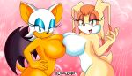  anthro blue_eyes breast_size_difference breasts chiropteran dark_nipples duo female female/female hi_res lagomorph leporid lipstick looking_at_viewer makeup mammal nipples pink_background pink_nipples rabbit rouge_the_bat sega simple_background sonic_the_hedgehog_(series) the_knight vanilla_the_rabbit yellow_eyes 