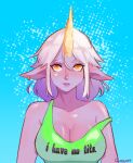  1girl absurdres artist_name bangs bare_shoulders blue_background blush breasts clothes_writing collarbone colored_skin earrings gradient gradient_background highres horns jewelry large_breasts league_of_legends long_hair looking_at_viewer multicolored_hair orange_eyes parted_lips pointy_ears quroart shiny shiny_skin single_horn solo soraka_(league_of_legends) teeth two-tone_hair upper_body 