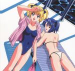  2girls absurdres arm_up asagiri_rei ass back bag bare_shoulders beach_chair bikini blonde_hair blue_bow blue_swimsuit bow breasts collarbone covered_navel eyebrows_visible_through_hair green_eyes hair_bow hair_ornament highres holding holding_bag idol_densetsu_eriko jacket lipstick long_hair looking_at_viewer looking_back lying makeup multiple_girls official_art on_stomach one-piece_swimsuit open_clothes open_jacket open_mouth pink_jacket pool poolside purple_eyes purple_hair school_swimsuit short_hair shoulder_blades side-tie_bikini smile swimsuit tamura_eriko twintails water white_bikini yamauchi_noriyasu 