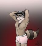  anthro briefs brown_body brown_fur chest_tuft clothed clothing ears_up eyewear fur glasses gradient_background hat headgear headwear male mammal markings muscular neck_tuft no_shirt philipdwinkly pink_clothing pose procyonid raccoon simple_background solo stretching striped_markings striped_tail stripes tail_markings topless tuft underwear wide_brim_hat 