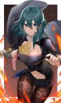  1girl armor bangs black_armor black_coat black_shorts blue_eyes blue_hair border breasts brown_legwear bustier byleth_(fire_emblem) byleth_(fire_emblem)_(female) clothing_cutout coat fire fire_emblem fire_emblem:_three_houses hair_between_eyes haru_(nakajou-28) highres holding holding_sword holding_weapon large_breasts long_hair looking_at_viewer navel navel_cutout outside_border pantyhose short_shorts shorts shoulder_armor sleeveless smile solo sword sword_of_the_creator weapon white_border 