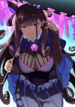  1girl breasts cleavage closed_mouth curly_hair diamond_(shape) dress eyebrows_visible_through_hair fate/grand_order fate_(series) feet_out_of_frame flower frills hair_ornament hand_up highres large_breasts long_hair long_sleeves looking_at_viewer murasaki_shikibu_(fate) purple_eyes purple_hair sidelocks solo striped striped_dress two-cat-walk umbrella wisteria 