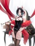  1girl :p azur_lane bare_shoulders belt black_hair black_legwear breasts cirilla_lin cleavage dress feather_boa hair_ornament highres horns kiseru phone pipe red_nails short_hair simple_background solo suitcase table thighhighs thighs tongue tongue_out ulrich_von_hutten_(azur_lane) white_background yellow_eyes 