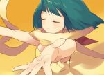  1girl bow closed_eyes closed_mouth dress green_hair kanyoko_(yuzukano_17) macross macross_frontier medium_hair outstretched_arms ranka_lee simple_background smile solo 