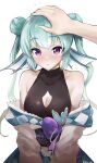  1girl :o bare_shoulders breasts cleavage_cutout clothing_cutout double_bun english_commentary finana_ryugu green_hair hand_on_another&#039;s_head head_fins headpat highres nijisanji nijisanji_en pov pov_hands purple_eyes simple_background small_breasts solo_focus tommy_(kingdukeee) twintails upper_body virtual_youtuber white_background 