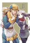  1boy 1girl akari_(pokemon) beige_background black_hair blonde_hair commentary fur_trim grey_eyes hair_bun hair_through_headwear hand_on_another&#039;s_shoulder kaidou_mitsuki long_hair outline pointing pokemon pokemon_(game) pokemon_legends:_arceus red_scarf scarf translated volo_(pokemon) white_headwear white_outline 