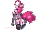  anthro armwear bemani blue_eyes bluecoffeedog blush breasts chocky_(pop&#039;n_music) clothing female friendship_is_magic fur garter_belt garter_straps genitals hasbro konami looking_back mostly_nude my_little_pony pink_body pink_fur pinkie_pie_(mlp) pop&#039;n_music portrait pussy raised_tail rear_view side_boob simple_background solo spreading three-quarter_portrait video_games white_background 