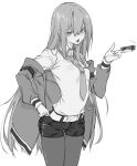  10mo 1girl bangs belt eyebrows_visible_through_hair greyscale hair_between_eyes hand_on_hip highres jacket legwear_under_shorts long_hair long_sleeves looking_at_viewer makise_kurisu monochrome necktie open_mouth pantyhose short_shorts shorts simple_background solo steins;gate thigh_gap very_long_hair white_background 