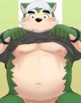  abs absurd_res anthro bandanna belly blush bottomless canid canine canis clothed clothing clothing_lift domestic_dog eyebrows fur green_body green_fur hi_res kerchief lifewonders live-a-hero male mammal mokdai musclegut navel nipples pecs shirt shirt_lift solo suro964708 t-shirt thick_eyebrows topwear video_games 