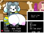  anthro big_breasts bone breasts canid canine clothed clothing dildo felid feline female hair hi_res mammal nipples open_mouth pink_nipples potion sex_toy solo tem temmie_(undertale) text topwear undertale undertale_(series) video_games white_body windreg1 