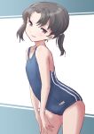  1girl black_hair blue_swimsuit commentary_request cowboy_shot flat_chest fuji_(pixiv24804665) highres kantai_collection leaning_forward looking_at_viewer purple_eyes school_swimsuit short_hair shounan_(kancolle) solo striped swimsuit twintails vertical_stripes 
