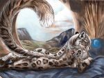  acrylic_painting_(artwork) anthro armwear bed breasts cadmiumtea clothing cloud felid female furniture gold_(metal) gold_jewelry jewelry lying mammal nude on_front painting_(artwork) pantherine side_boob snow_leopard solo traditional_media_(artwork) window 