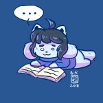  bodily_fluids book canid canine clothed clothing felid feline fur hair hi_res lying mammal nervous on_front simple_background solo studying sweat tem temmie_(undertale) text thewolfcalledbunny topwear undertale undertale_(series) video_games white_body white_fur 