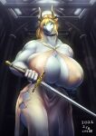  2022 anthro big_breasts breasts clothed clothing dragon female hair hi_res holding_object horn huge_breasts melee_weapon ni_jikan solo sword weapon 