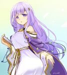  1girl bare_shoulders book cape circlet detached_sleeves dress eyebrows_visible_through_hair fire_emblem fire_emblem:_genealogy_of_the_holy_war hair_between_eyes holding julia_(fire_emblem) long_hair looking_at_viewer looking_back open_mouth purple_eyes purple_hair ribbon smile solo twitter_username white_dress yukia_(firstaid0) 