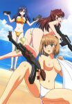  3girls absurdres aika_(series) aika_r-16 ak-47 angry aqua_eyes ar-15 ass ass_visible_through_thighs assault_rifle bangs bare_arms bare_shoulders beach bikini bikini_bottom_only blonde_hair blue_eyes blue_hair blue_sky blush braid breasts brown_hair cloud collarbone convenient_arm day dutch_angle floral_print green_eyes groin gun halter_top halterneck high_heels highres holding kalashnikov_rifle legs lens_flare long_hair looking_back m16 m16a1 magazine_(weapon) medium_breasts minamino_karen multiple_girls navel nipples official_art open_mouth orange_bikini outdoors pink_footwear print_bikini rifle sand scan school_uniform shingai_eri shoes short_hair side_braid single_braid sky spread_legs squatting stanag_magazine standing sumeragi_aika swimsuit teeth thighs topless upper_teeth v-shaped_eyebrows weapon white_bikini yamauchi_noriyasu yellow_eyes 