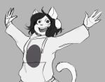  anthro canid canine clothed clothing fangs felid feline female fur hair happy hoodie mammal open_mouth raised_arms simple_background smile solo tem temmie_(undertale) topwear undertale undertale_(series) video_games white_body white_fur wide_eyed 