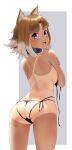  1girl alternate_breast_size animal_ears arcana_heart arcana_heart_2 ass back bangs bikini black_bikini blush breasts brown_hair commentary_request highres inuwaka_nazuna large_breasts looking_at_viewer looking_back one-piece_tan open_mouth parted_bangs purple_eyes short_hair sidelocks solo swimsuit tan tanlines thighs untied wa_(genryusui) 