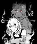  2girls bags_under_eyes bow capelet crossed_arms ghost hand_on_shoulder highres kirisame_marisa kuma_xylocopa long_hair mima_(touhou) monochrome multiple_girls open_mouth red_eyes ribbon short_hair staff the_grudge touhou touhou_(pc-98) 
